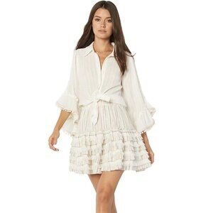 MISA Rehmy White Cotton Metallic Striped Flared Sleeve Pom Pom Blouse, Size S